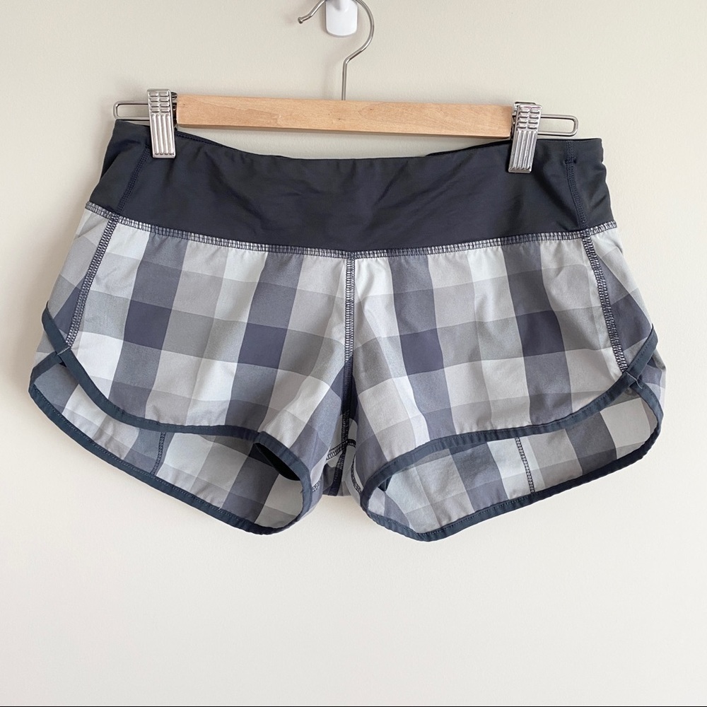 𝅺lululemon Speed Shorts Wet Dry Warm Lined Gray Plaid 2.5" inseam Size 6
